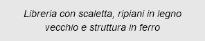 Libreria con scaletta, ripiani in legno vecchio e struttura in ferro